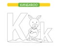 Letter K and funny cartoon kangaroo. Coloring page. Animals alphabet a-z. Cute zoo alphabet in vector for kids learning English vo